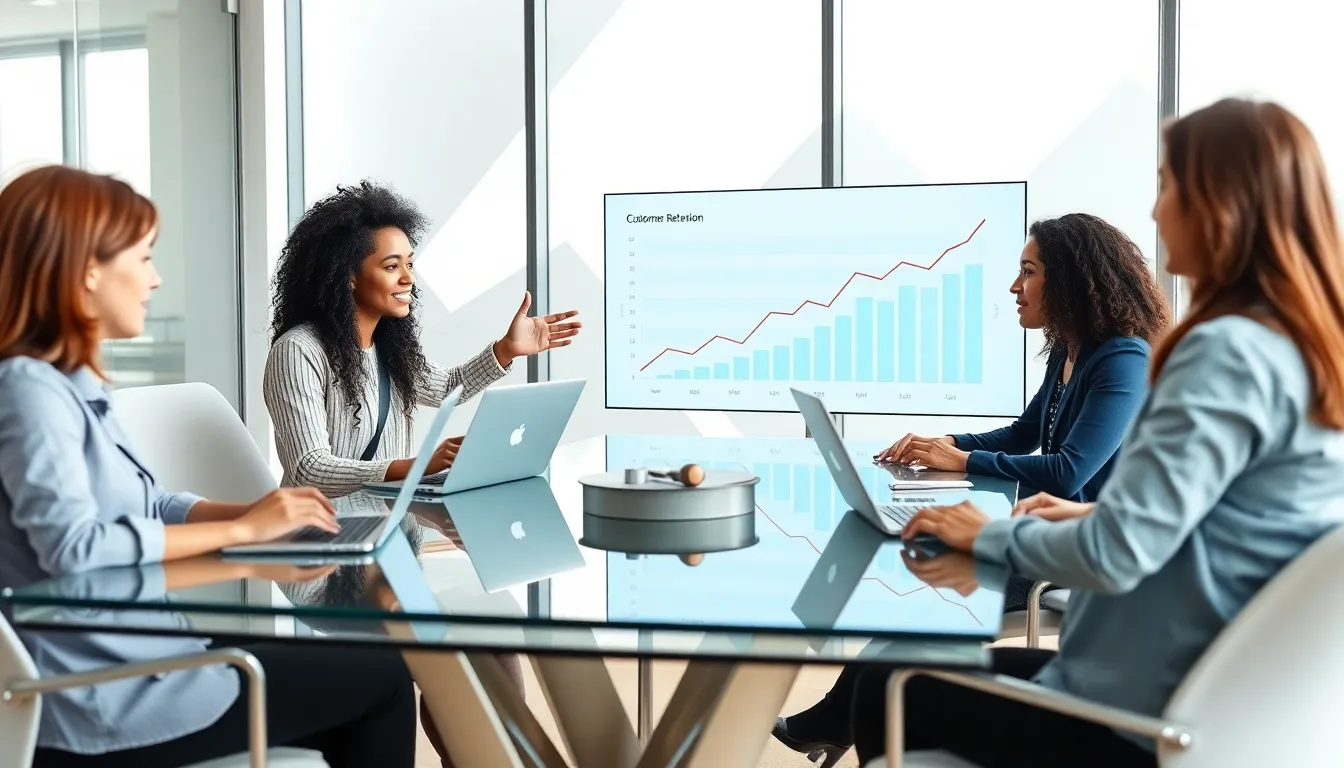 diverse team discussing customer retention strategies in a modern office.