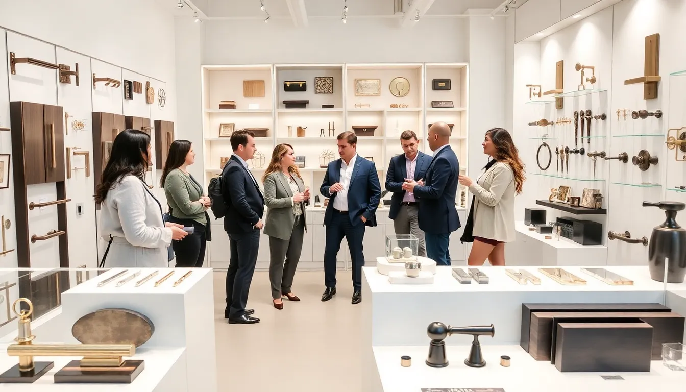 diverse team in a modern hardware showroom with decorative elements.