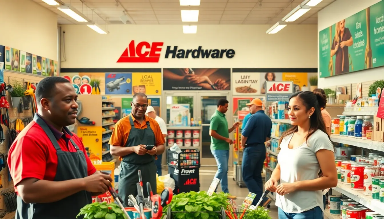 bustling Ace Hardware store with staff assisting customers.