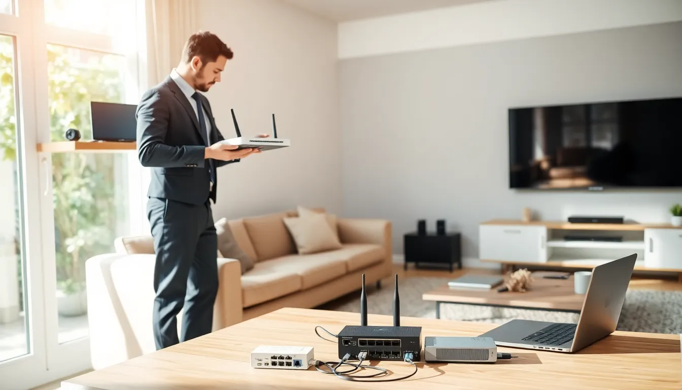 technician installing home networking equipment in a modern living room.