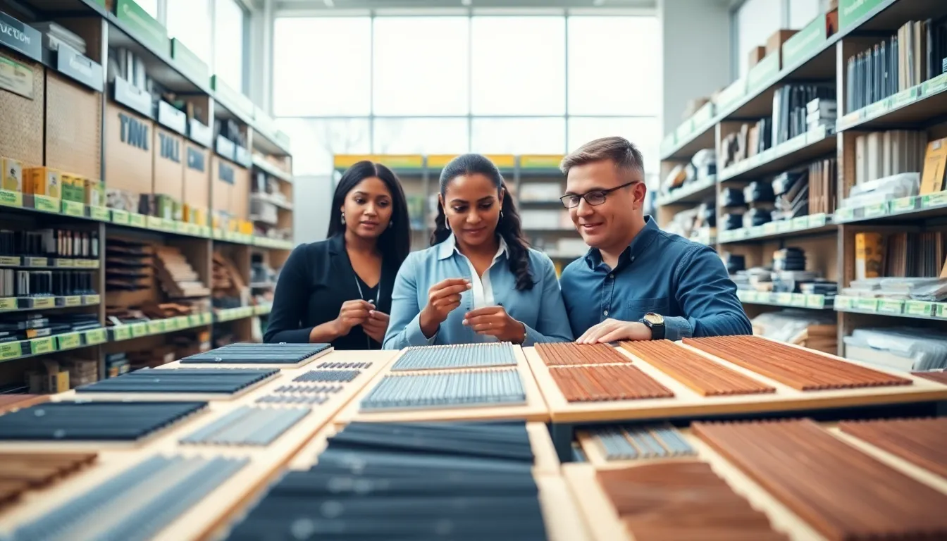 diverse professionals examining types of nails in a hardware store.