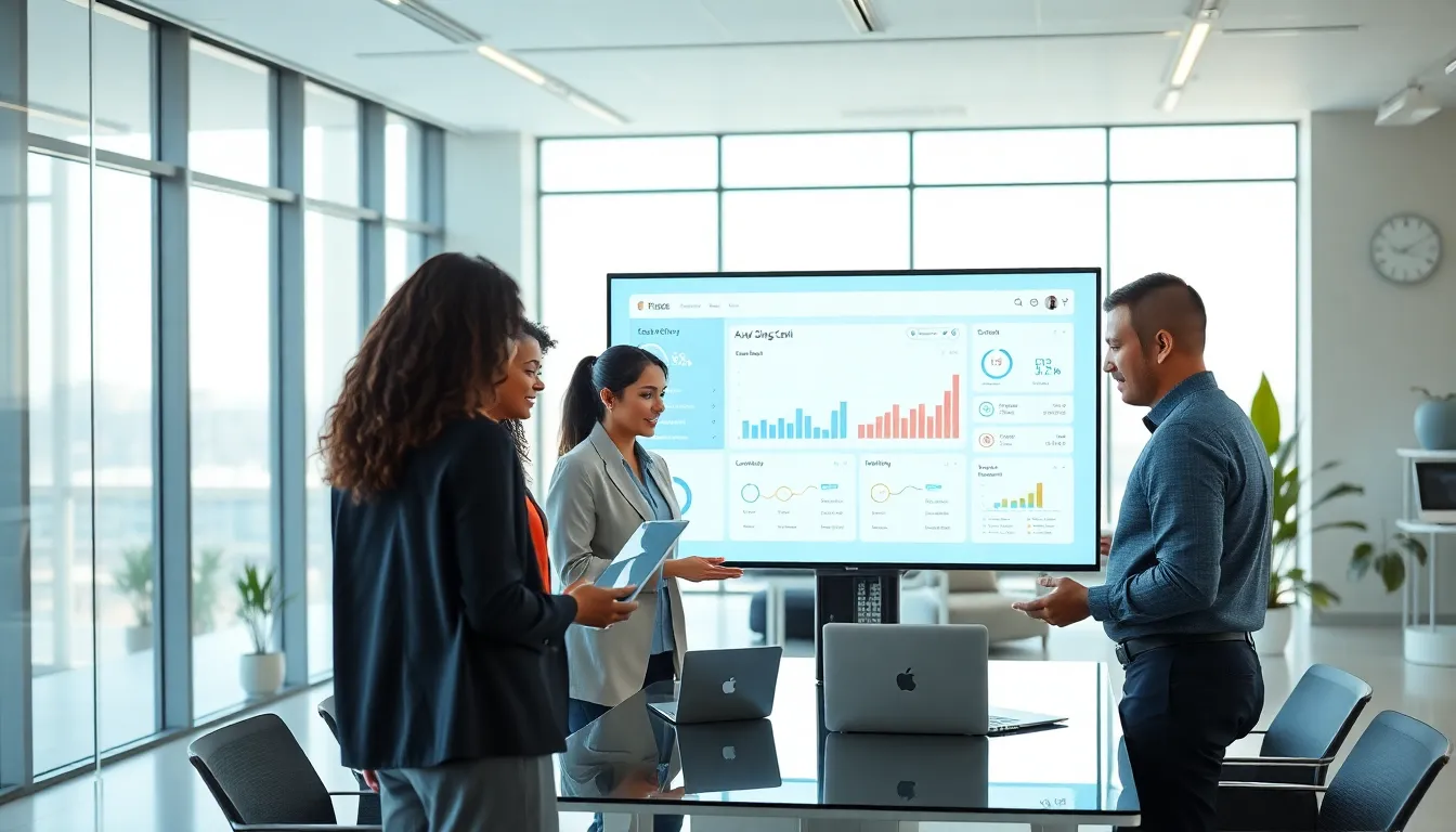diverse team collaborating using SaaS CRM software in a modern office.