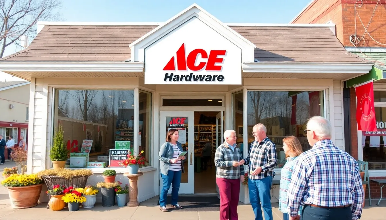 Mary's Ace Hardware storefront with customers engaging in conversation.