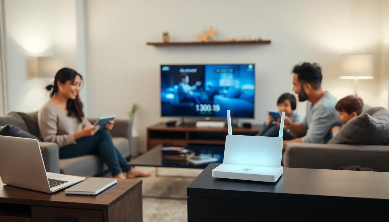family enjoying devices in a modern living room with home network setup.