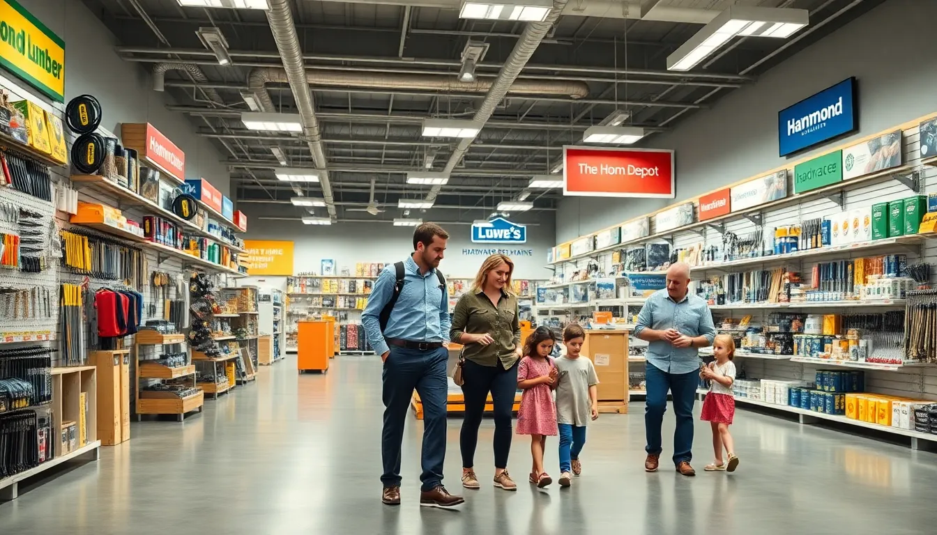 interior of a modern hardware store in Maine with diverse customers.