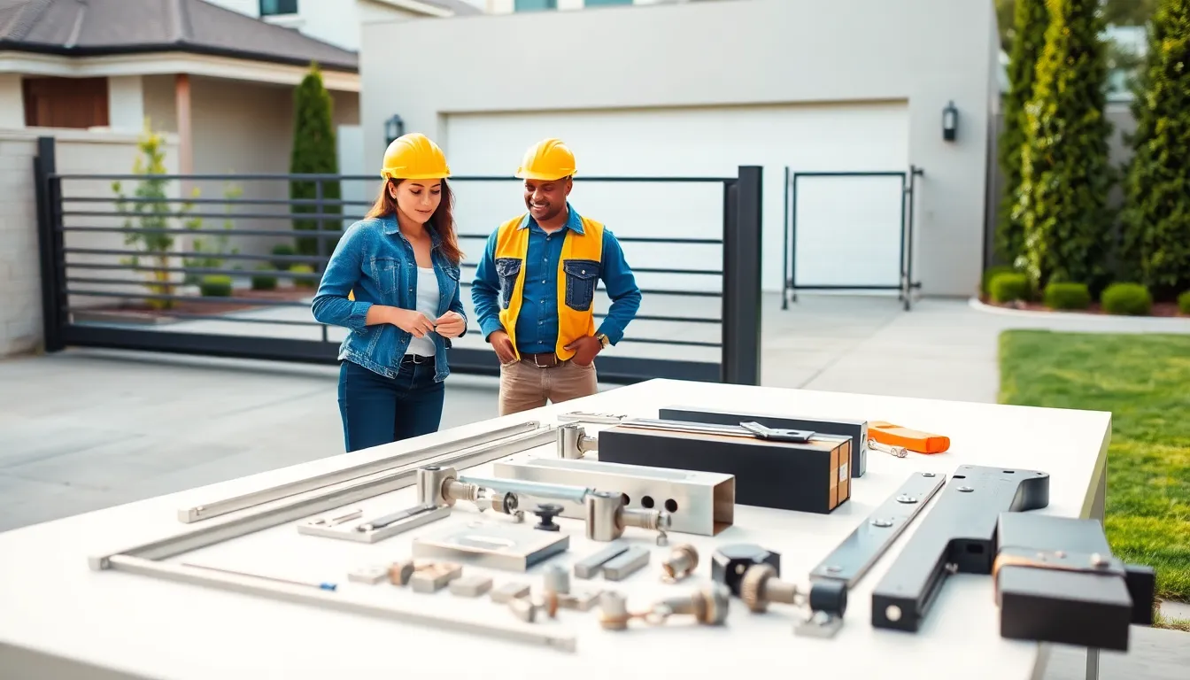 diverse professionals installing modern rolling gate hardware in a residential setting.