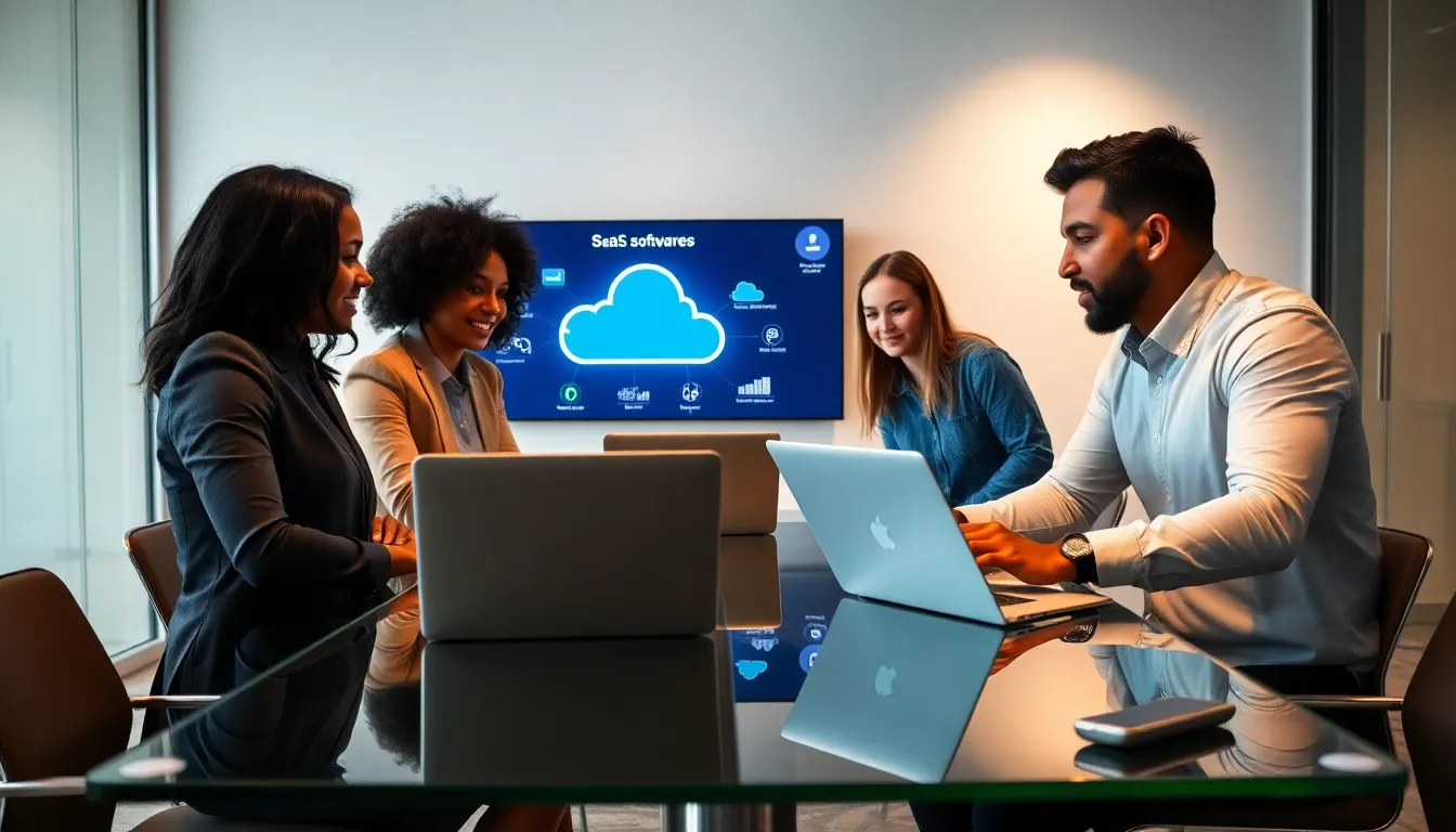 diverse team collaborating on SaaS solutions in a modern office.