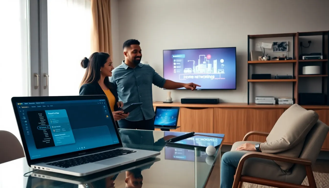 diverse team discussing home networking solutions in a modern office.