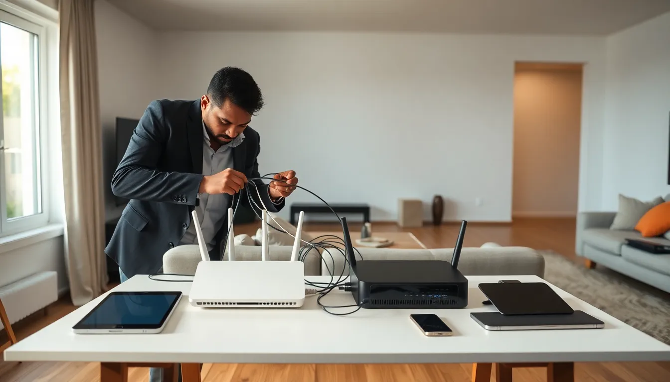 technician installing home networking equipment in a modern living room.