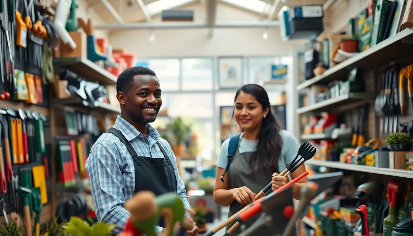 friendly staff assisting customers in a warm hardware store.